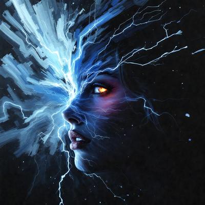 The primary subject of the image is a woman with a blue face and red eyes. She is surrounded by a black background, which adds to the dramatic and mysterious atmosphere of the scene. The visual style of the image is a digital art or illustration, as it features a detailed and intricate representation of the woman's face. The colors and mood of the image are dark and intense, with the blue face and red eyes creating a striking contrast against the black background.